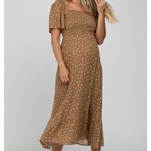 Pink blush Camel Floral Smocked Square Neck Maternity Midi Dress